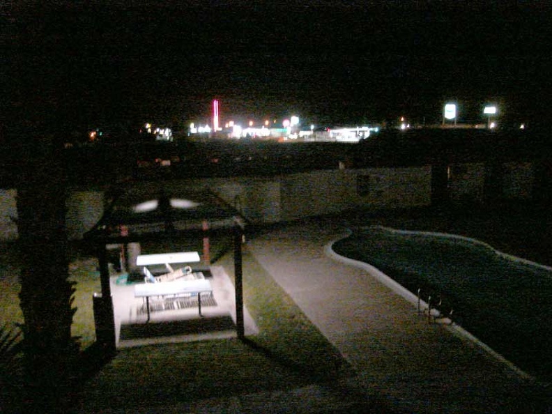 The motel pool below my balcony and Baker's skyline beyond