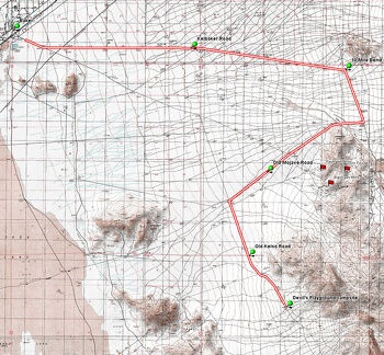 Bicycle route from Baker to Devil's Playground campsite northwest of Old Dad Mountain