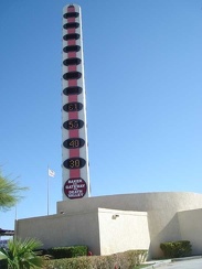 Baker's "world's tallest thermometer" registers a comfortable 61 degrees Fahrenheit this morning