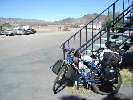 Back at the motel from breakfast, the bike is packed up and ready to leave Baker