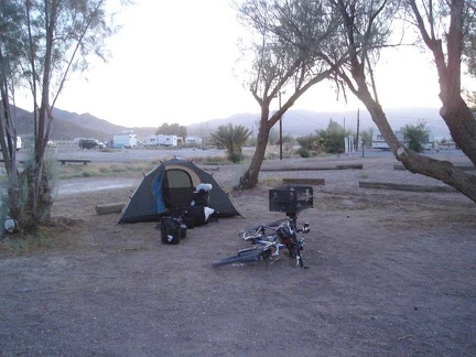 I'm checked in and my tent is set up at Tecopa Hot Springs Campground