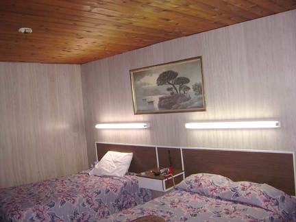 Fluorescent bulbs above the beds (and almost everywhere else) create a retro 1970s fashion