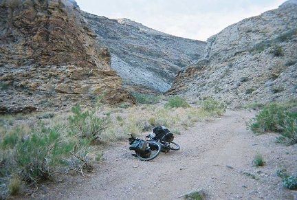 Riding down Monarch Canyon Road in search of a camp site for a night or two