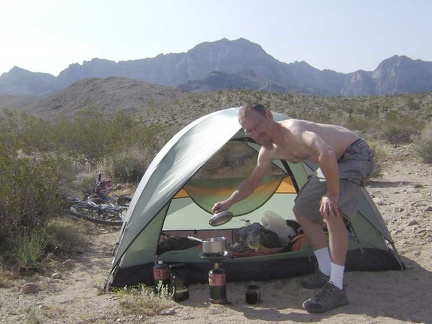 Morning #2 at my campsite off the middle fork of Globe Mine Road, I repeat the ritual of making coffee in the shade of my tent