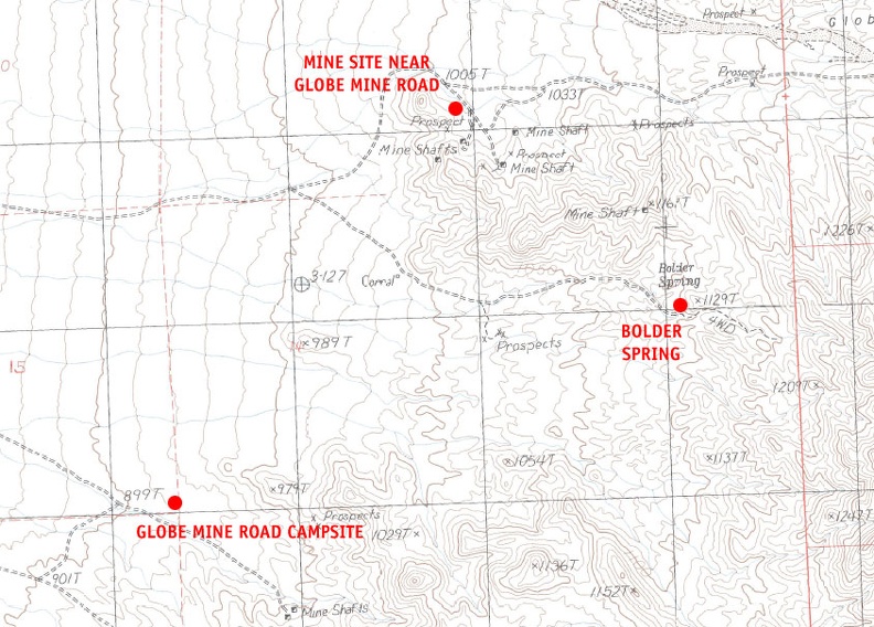 Mojave National Preserve map, Day 3: Globe Mine Road campsite to Bolder Spring day hike