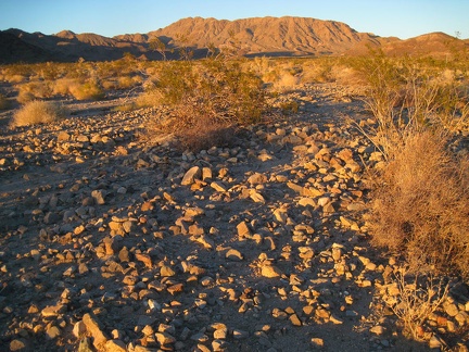 The Bristol Mountains behind me pick up the gorgeous gold of sunset as I hike down the rocky fan toward Broadwell Dry Lake