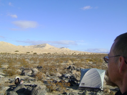 A brisk sunny morning on my camping mound with a view of Kelso Dunes