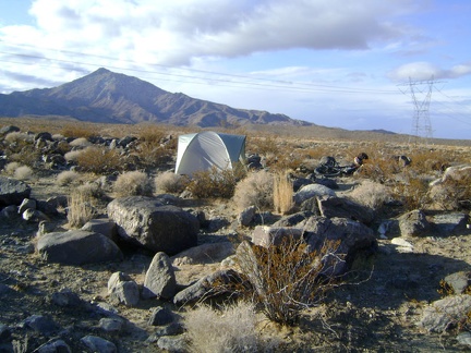 On the other side of my tent are the Granite Mountains, with the mouth of Bull Canyon, today's hike, in front of the hill