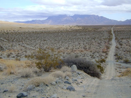 Looking back down the power-line road hill that I just walked up, toward the Providence Mountains