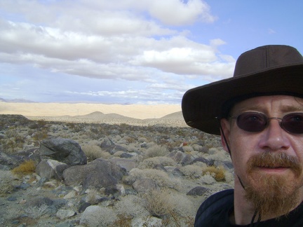 Now that I'm about 1.25 miles up the rocky fan and 300 feet higher, the Kelso Dunes create a contrasty backdrop behind me