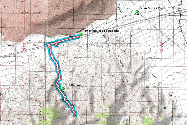 Bull Canyon hike route from campsite on Kelso Dunes power-line road