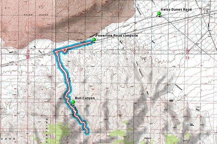 Bull Canyon hike route from campsite on Kelso Dunes power-line road