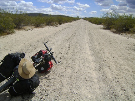 Aiken Mine Road has suddenly become quite sandy, so I walk the 10-ton bike along this part of the road