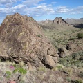 A few nice rock outcrops dot the hike down the wash into the valley below the Castle Peaks