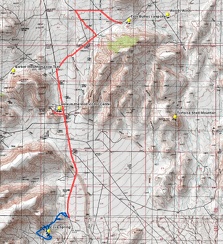 Bicycle route (red) and hiking route (blue), Cave Spring, Mojave National Preserve