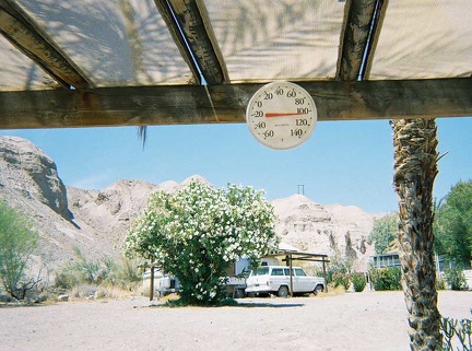 The temperature exceeds 100 degrees F under the ramada outside the China Ranch store
