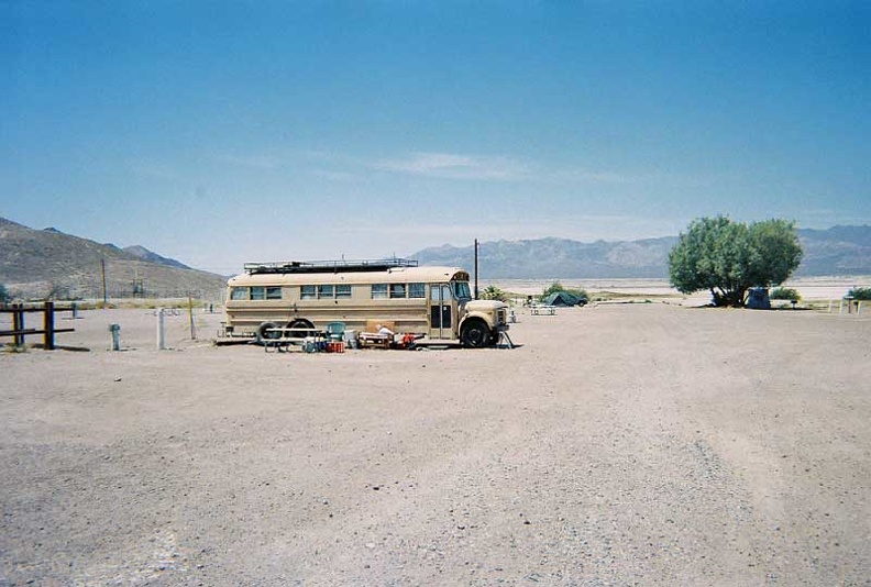 An old bus converted to camper at Tecopa Hot Springs Campground