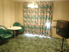 Retro 70s furniture in my room at the Royal Hawaiian Motel at Baker, California