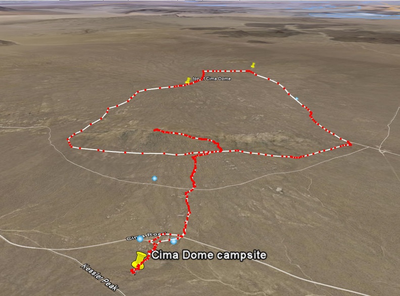 Cima Dome / Teutonia Peak hike route as viewed in Google Earth