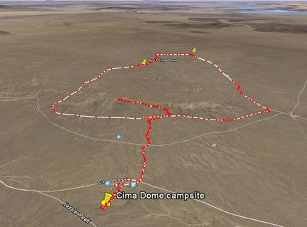 Cima Dome / Teutonia Peak hike route as viewed in Google Earth