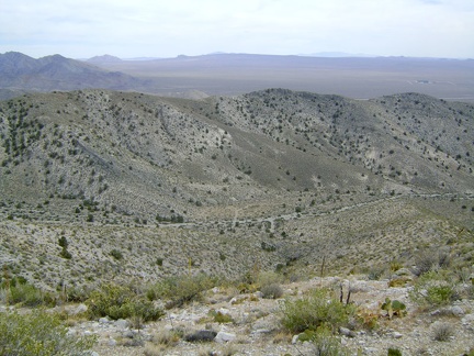 Looking south from the unnamed ridge above Copper World Mine toward Cima Dome on the horizon