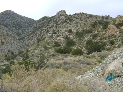 A bright blue streak in the rock at bottom right, presumably copper