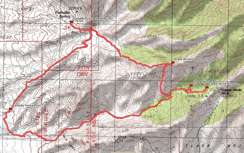 Copper World Mine hiking route from Pachalka Spring, Mojave National Preserve (Day 13)
