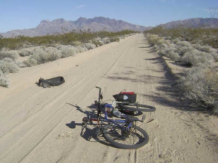 Eastbound on the power-line road toward Providence Mountains, I see that somebody suffered a tire blow-out here