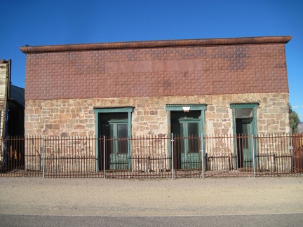 Nice antique tin paneling above the stone wall on the façade of the Daggett Stone Hotel