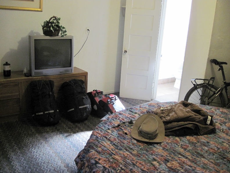 I spend the evening on the round bed in my cabin room at Barstow's Route 66 Motel, watching TV