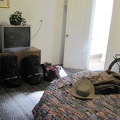 I spend the evening on the round bed in my cabin room at Barstow's Route 66 Motel, watching TV