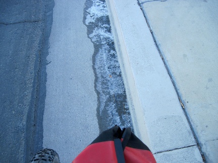 Tomorrow morning, the trip over, I see a bit of ice in the gutter as I ride Barstow's Main Street to the Amtrak Station