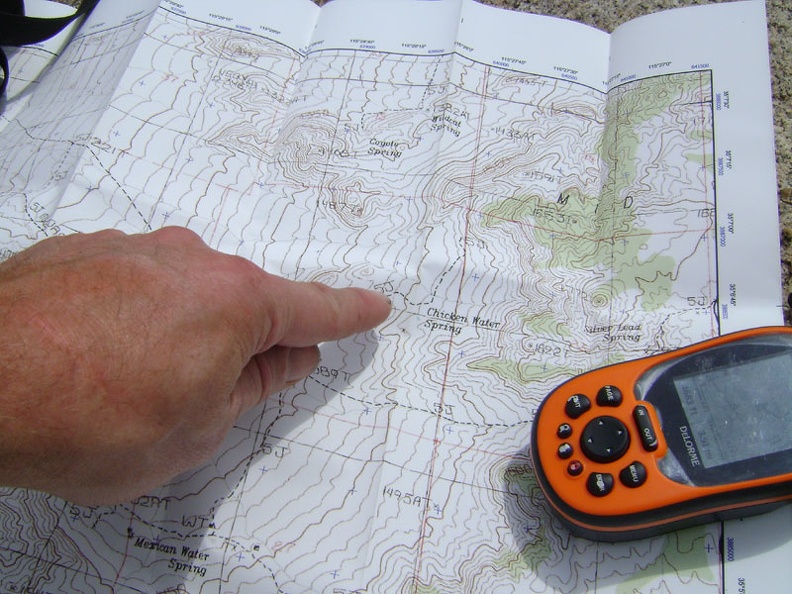Map and GPS check at the the top of the low ridge 200 feet above, and just south of, Coyote Spring