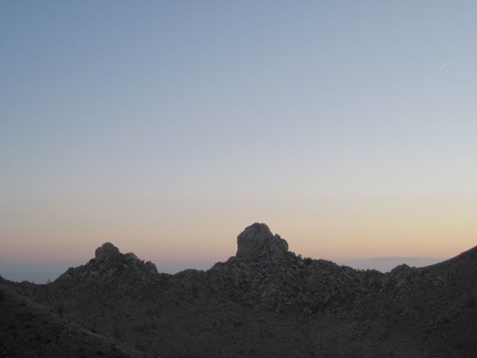 Eagle Rocks pinnacles at sunset, from Mid Hills campground, Mojave National Preserve
