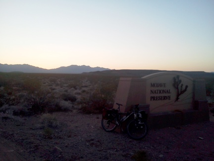 I reenter Mojave National Preseve at dusk, and ride most of the final 20-some miles back to camp in the dark: a pleasant evening