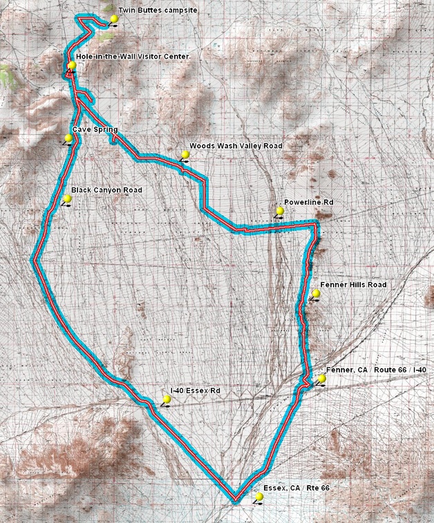 Route of round-trip mountain-bike ride from Woods Wash, Mojave National Preserve, to Fenner and Essex, CA: Day 10