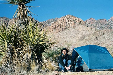 Enjoying the morning outside my tent at Providence Mountains State Recreation Area