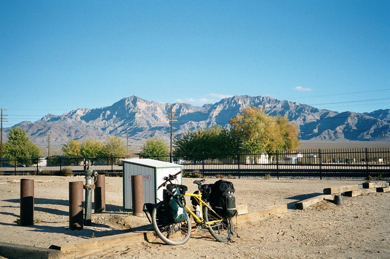 The Providence Mountains behind me, I stop at the abandoned Kelso Depot after a fast 8-mile downhill on paved Kelbaker Road