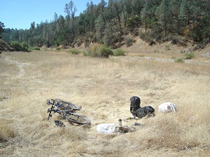 The tent dismantled, everything packed up and ready to mount on the bike for the return ride to downtown San Jose today.