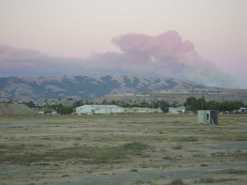 Cotton-candy smoke from the Henry Coe brush fire at sunset in central San José.