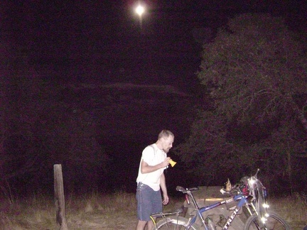 Getting ready to prepare an add-boiling-water-to-bag backpacking meal by moonlight at Sierra View campsite.