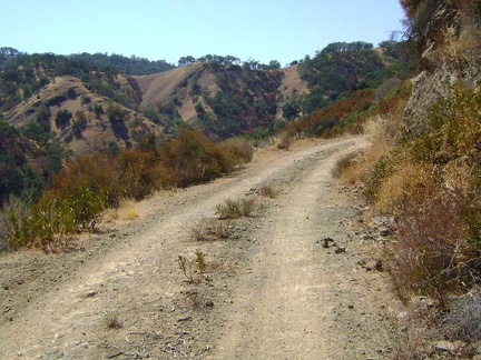 Coit Road rises along a ledge through chamise chaparral toward the Wasno Ridge area