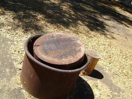 The metal fire pit near Pacheco Camp cabin sports an appropriate message for the hot-and-dry season