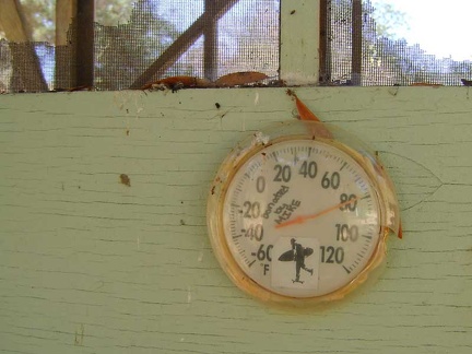 The thermometer on the shady side of the shower building shows 80 degrees F