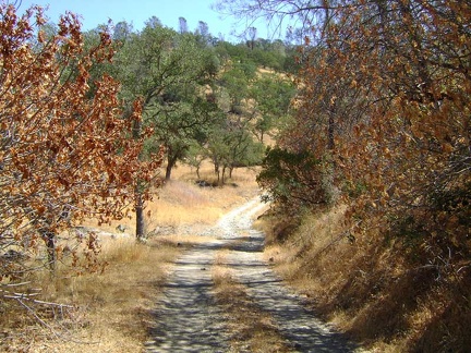 Coit Road crosses the dry, rocky stream bed of Mississippi Creek at the bottom of the canyon