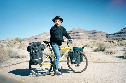 The 10-ton bike is all packed up and we're leaving Hole-in-the-Wall Campground, Mojave National Preserve