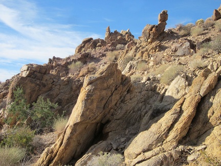 Interesting rock spikes along the wall of the wash, Kelso Dunes Wilderness