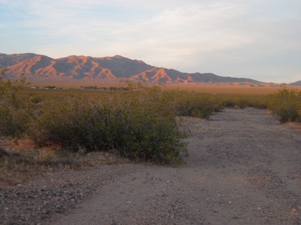 A glance back toward Nipton, two miles away, reveals pink-orange hills