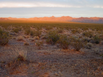 The orange glow cast across Ivanpah Valley hits the Lucy Gray Mountains in Nevada, just north of Nipton