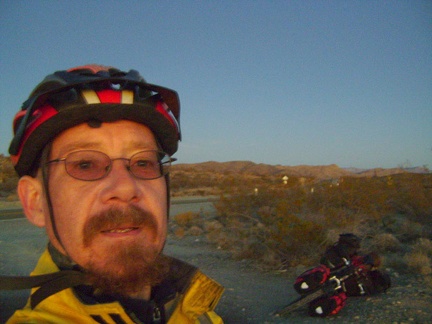 Darkness sets in as I arrive at the summit of Kelbaker Road at 3700 feet, ready for the 12-mile descent to Kelso in the dark